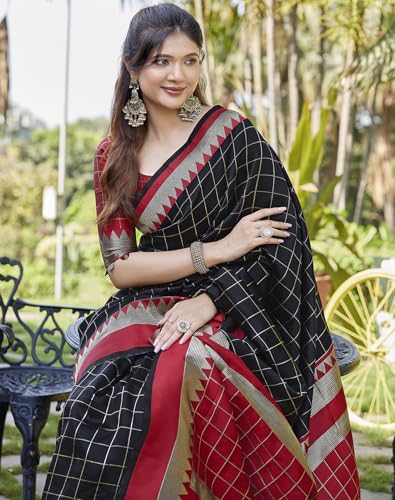 Image of Yashika Women's Banarasi Kanjivaram Art Silk Saree|Sarees for Women (AZ-YS-P1-CHECKS BLACK)