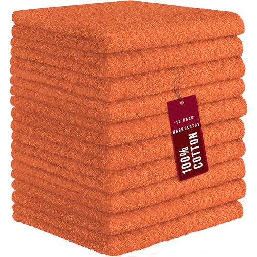 Image of DecorRack 10 Pack 100% Cotton Wash Cloth, Luxurious Soft, 12 x 12 inch Ultra Absorbent, Machine Washable Washcloths, Orange (10 Pack)