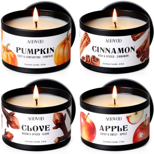 Image of AOOVOO Fall Candle Set - 4 Pack Scented Candles for Home, 26oz up to 200 Hours Long Lasting, Pumpkin /Apple Cinnamon /Clove Cinnamon /Cinnamon Candles Gift Autumn Fragrance Decor