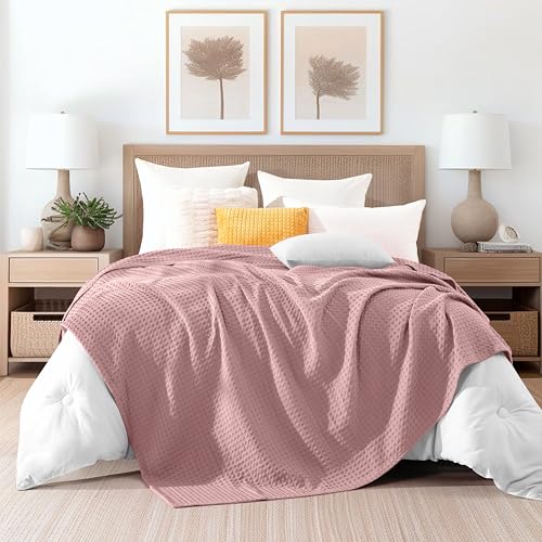 Image of Elegant Comfort Premium 100% Cotton Waffle Blanket - Lightweight Breathable Waffle Weave Bed Blanket - Soft and Warm All Season Blanket for Couch, Sofa and Bed, Full Size 88x88 Inches, Dusty Rose