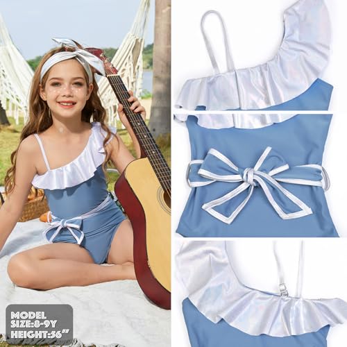 Jxstar Girls One Piece Swimsuit Metallic Ruffle Bathing Suit One Shoulder Swimwear with Decorative Waist Tie & Headband4