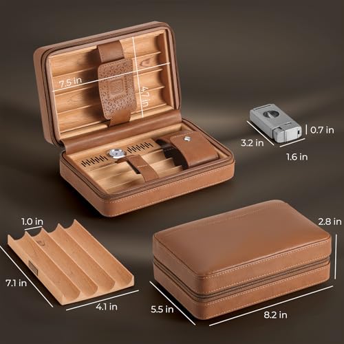 Portable Travel Cigar Humidor Case, Leather Cedar Wood Cigar Case with Cigar V Cutter & Lighter, Built in Hygrometer & Humidifier, Velvet Storage Bag Included - Image 5