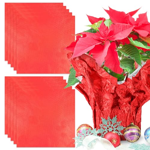 10 PCS Foil Wrap for Potted Plant, 19.7×19.7 inches Red Floral Foil Plant Pot Covers, Matte Texture Wrapping Paper for Christmas Plant Pot, Foil Wrapping Paper for DIY Christmas Flower Pot (Red)