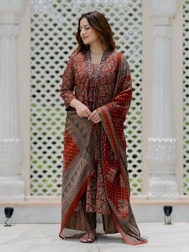 Image of Arayna Women's Pure Cotton Printed Kurta Pant Dupatta Set | Traditional Ethnic Suit Set with Ajrakh-Inspired Print | Straight Fit 3-Piece Set for Women