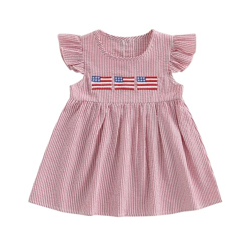 Thorn Tree Girls 4Th of July Dress Peter Pan Collar Puff Short Sleeve A-Line Outfits Flag Star Printed Dresses (US, Age, 6 Months, 12 Months, Red)
