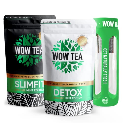 WOW TEA - Bauch Tees Box - Detox-Tee für die Gewichtsabnahme und Bauchfett | Bauch Blähungen Relief Formel mit Pfefferminze | Natural Green Tea, Yerba Mate, Löwenzahn-Wurzel | Eco Bottle 550ml | 300g Cover
