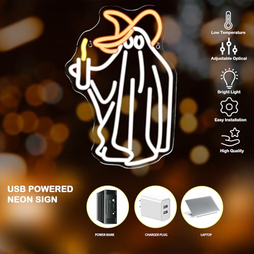 Image of Ghost Neon Sign Wall Decor, Ghost Neon Light Bedroom Wall Decor Suitable for Kids Game Room Man Cave Birthday Halloween Decoration Gift