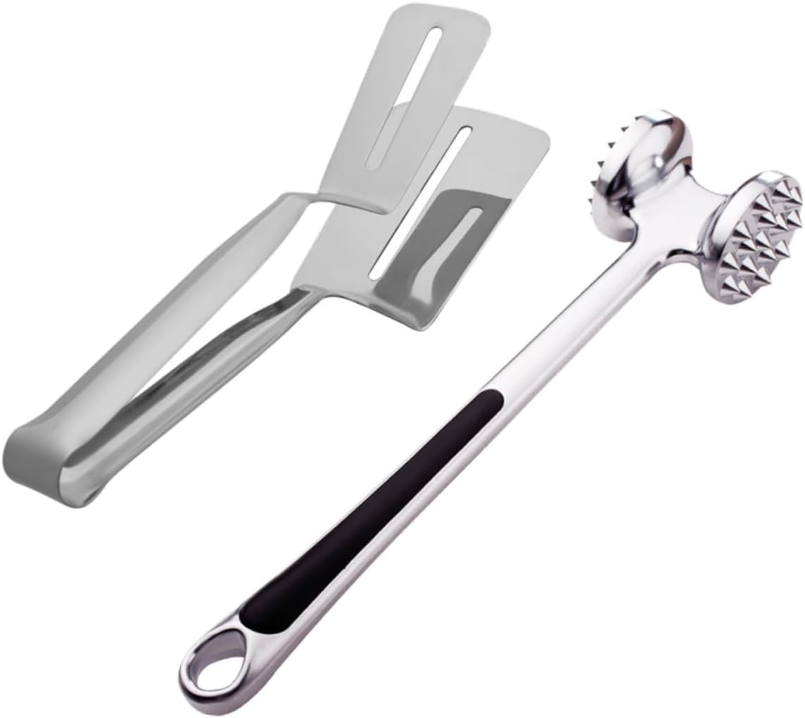 2pcs Stainless Steel Meat Mallet Draining Tong for Tenderizing Steak Pork Poultry Dishwasher Safe Kitchen Gadget with Smooth Surface for Easy Cleanup