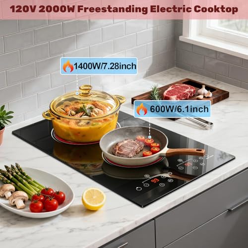 Image of 2 Burner Electric Cooktop 2000W, 12 Inch Electric Cook Top Plug in 110V, Electrics Stove with Touch Control, Countertop & Built-in Ceramic Stovetop, 9 Heating Level, Timer, Residual Heat Indicator