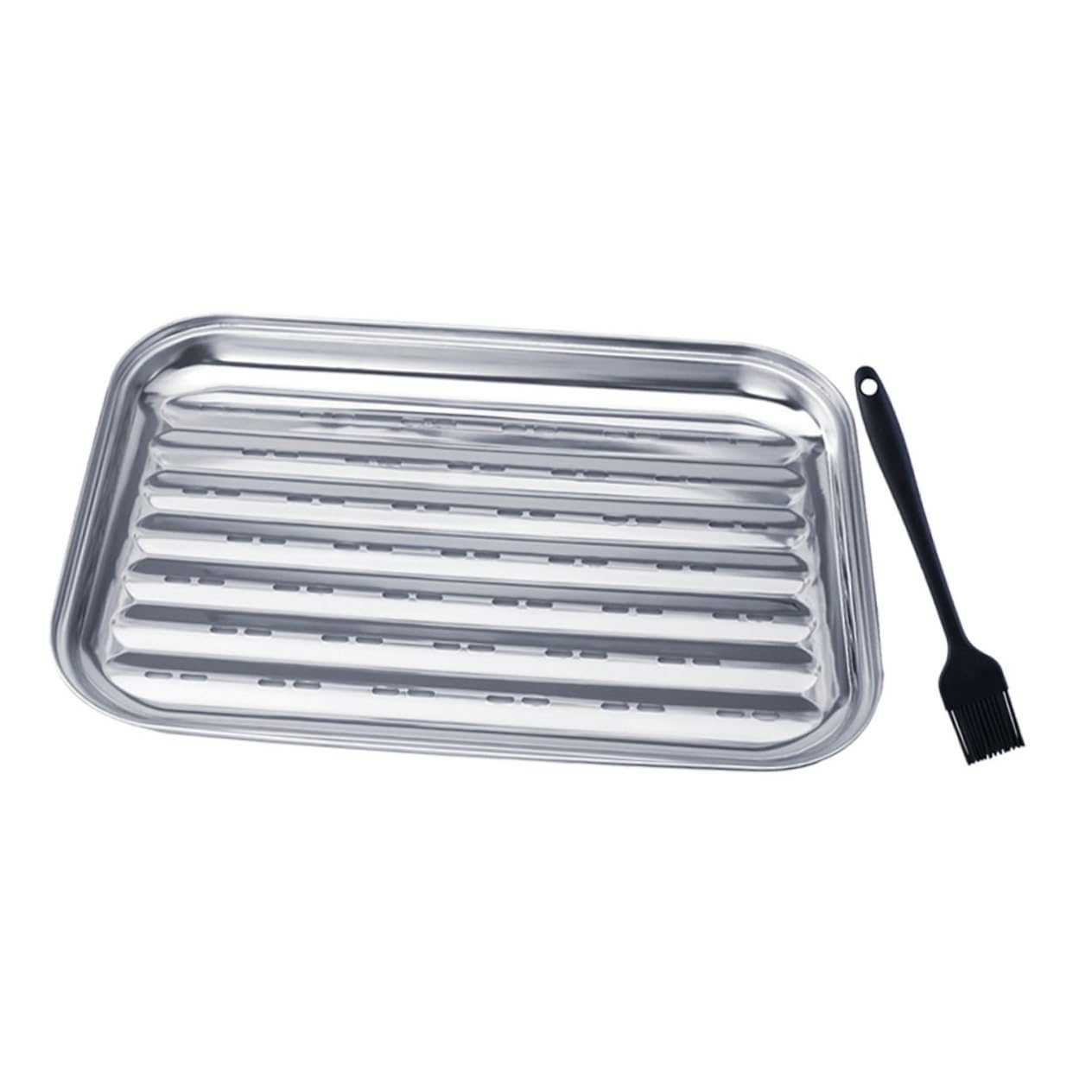 SUPVOX 1 Set Stainless Steel Bbq Grill Tray with Brush Wave Pattern Baking Sheet for Outdoor Cooking Camping and Picnics Durable Reusable Food Serving Platter with Drainage Design