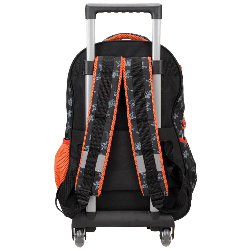 Schulrucksack 0ne Piece Schwarz rund 3 Fächer Reißverschluss für mittlere Grundschulkinder + Federmäppchen 2 Etagen komplett + Schlüsselanhänger One voll und mehrfarbiger Stift