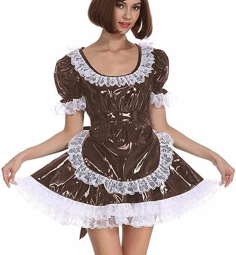 レーストリムエプロンロリータコスプレ衣装AラインミニドレスPVC半袖プリーツドレス,ダークブラウン,M