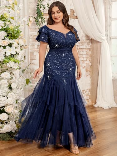MISSMAY Women's Plus Size V-Neck Off Shoulder Sequin Lace Tulle Mermaid Evening Wedding Dress4