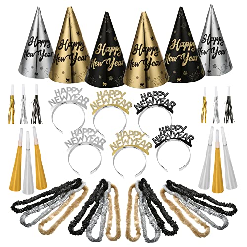 Auihiay 2026 New Year Eve Party Supplies - Includes Cone Hats, Glitter Tiaras, Horns, Noise Makers, Leis | 36PCS Black & Gold New Years Decorations for 12 Guests, Happy New Year 2026 & Photo Props