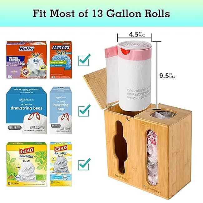 Trash Bag Dispenser & Grocery Bag Holder -2 in 1-Bamboo Plastic Bag Holder with Large Storage Capacity and Wall-Mounted Design, Grocery Garbage Bag Organizers for Kitchen and Laundry Room Organization