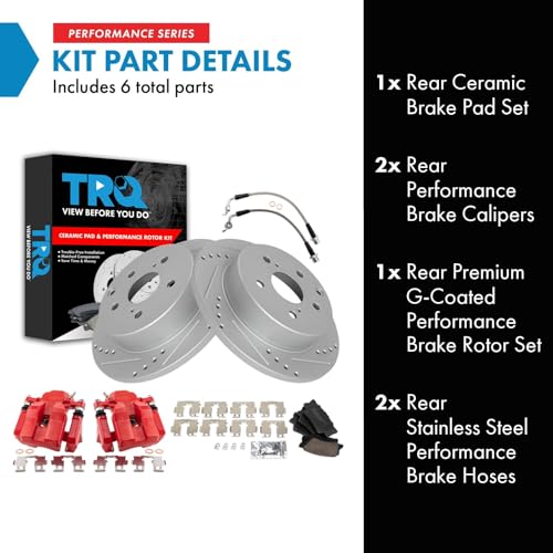 Image of TRQ Performance Rear Brake Pad and Rotor Set Ceramic Drilled Slotted Coated | For 2012-2018 Toyota RAV4