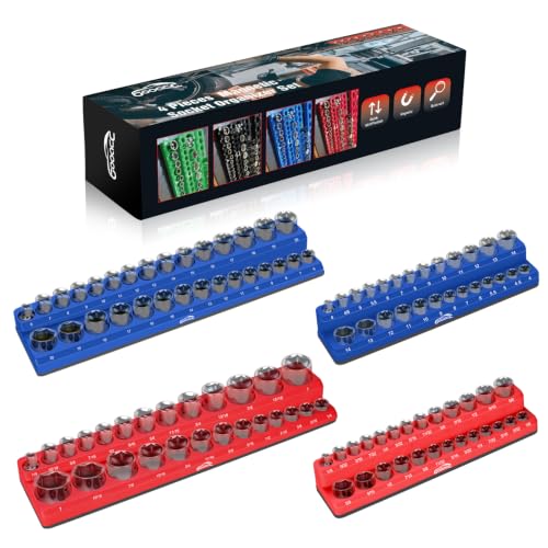 Image of GOOACC 4 PCS Magnetic Socket Organizer Set, Heavy Duty Socket Organizer Tray 1 /4 inch 3 /8 inch SAE Metric Drive Sockets Holds 108, Magnetic Socket Holder for Tool Box Drawer Chest Garage Storage, Blue & Red