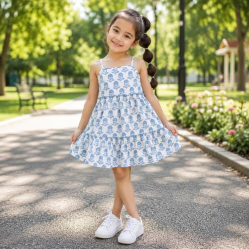 Image of The Magic Wand Kids Girls Printed Cotton Summer Dresses, Knee Length Sleeveless Casual Western Stylish One Piece Fit & Flared Frock for Beach & Vacations