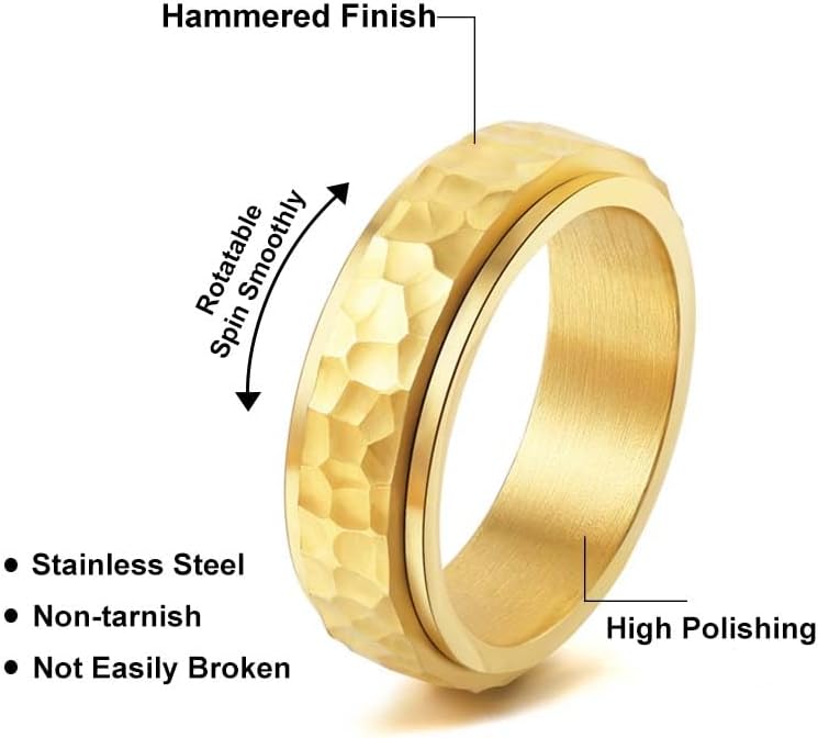 Miniatura 5 de Fidget Rings for Anxiety for Women Girls Stainless Steel SilverGoldBlack Anxiety Relieving Spinner Ring Hammered Finish