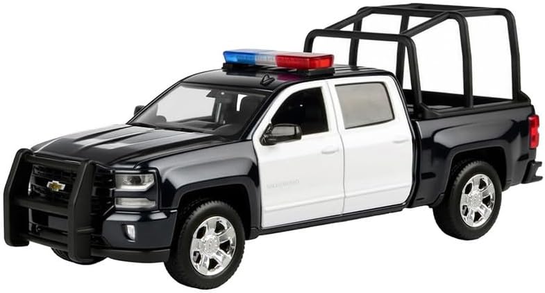 Motormax 2017 1500 LT Z71 Crew Cab Pickup Truck with Bed Cage Black and White with Flashing Light Bar and Front and Rear Lights and Sounds 1/27 Diecast Model Car 79547BKW