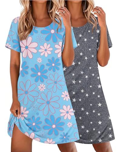Image of Ekouaer 2 Pack Nightgowns for Women Sleepshirt Short Sleeve Night Shirts