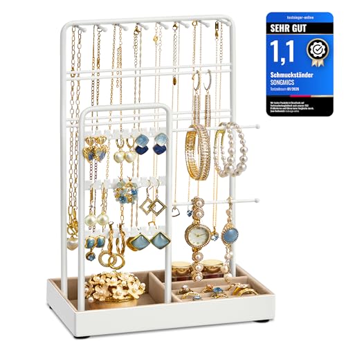 SONGMICS Schmuckständer Schmuckhalter Metallrahmen Schmucktablett Samt Schmuckaufbewahrung für Halsketten Armbänder Ohrringe Ohrstecker Ringe Geschenkidee weiß JJS021W01
