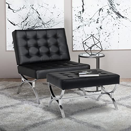 Studio Designs Home Newel Modern Square Ottoman Blended Leather And Metal Frame, 30" W X 22" D, Chrome/Black #TOP1