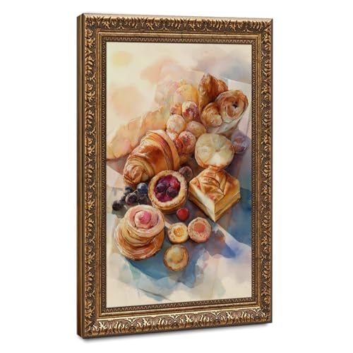 Glod Framed Bakery Still Life Wall Art, Croissant Pastry Dessert