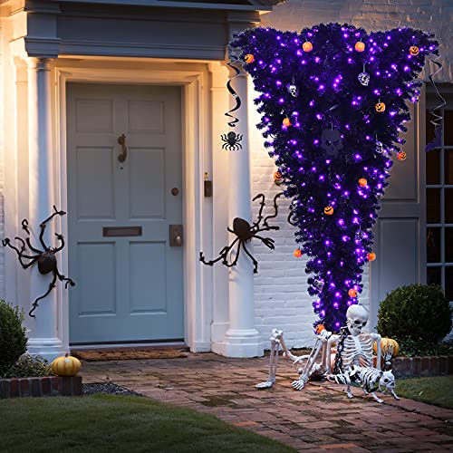 Goflame 7Ft Upside Down Pre-Lit Artificial Christmas Tree, Black Halloween Tree W/ Lights & Decorations, Inverted Christmas Tree, Festive Decoration Tree For Home, Office, School, Theme Party #TOP7