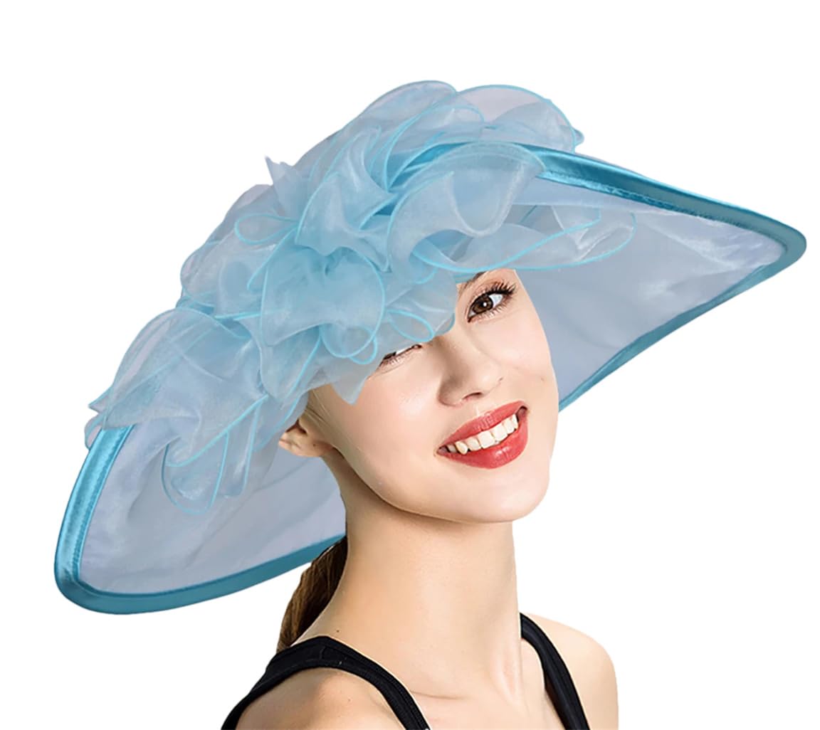 Sombrero floral de organza para mujer, de ala ancha, para boda, iglesia, fiesta, playa, verano