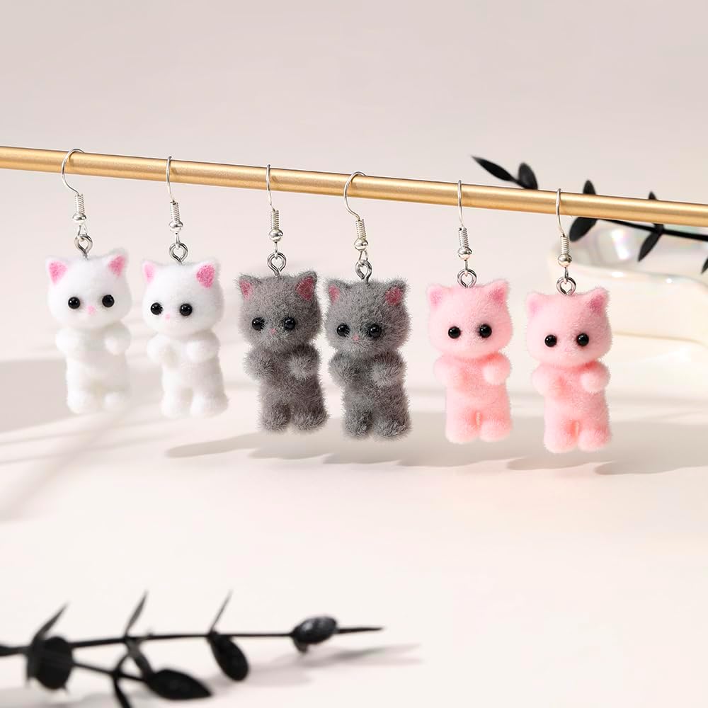 Fuzzy Cat Earrings Cute Kawaii Cat Dangle Drop Earrings for Women - Image 4