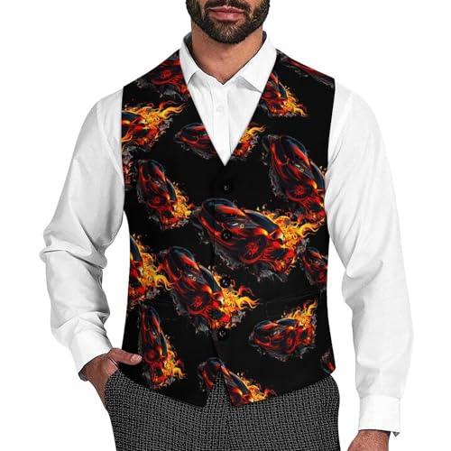 Fire Sports Car Men's Suit Vest Waistcoat Vests Formal Dress with 2 Pockets for Business Casual Tuxedo