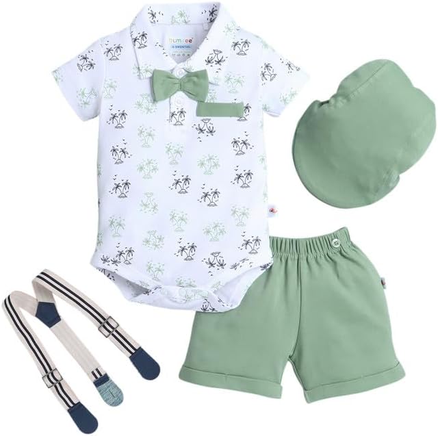 BUMZEE Cotton Plaid Half Sleeve Bow Tie Suspender and Cap Bodysuit and Short Set