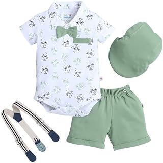 BUMZEE Baby Boys Regular Fit Half Sleeves Collar Neck Cotton Bodysuit & Short Set With Bow Suspender & Cap Price In India