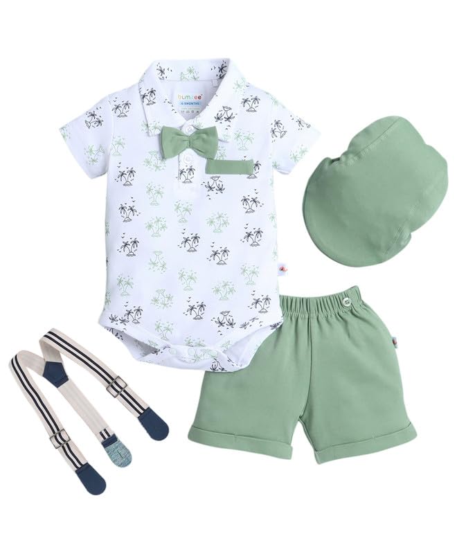 Image of BUMZEE Baby Boys Regular Fit Half Sleeves Collar Neck Cotton Bodysuit & Short Set With Bow Suspender & Cap