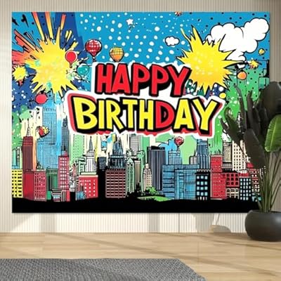 1 Pancarta de Fondo para Fiesta de cumpleaños con temática de superhéroes con Horizonte de la Ciudad, Globos y Confeti, decoración del hogar 150cmx100cm | Ya disponible en tu tienda friki favorita! En mundofriki.es!