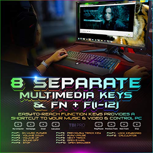 [Upgraded 2020] Gaming Membrane Keyboard with Mechanical Feel Clicks, LED RGB Backlight 104 Keys + 8 Multimedia & Ergonomic Stand - Anti-Ghosting, Palm Rest - for PC/MAC/Computer/Desktop Pro Gamers - Thumbnail 6