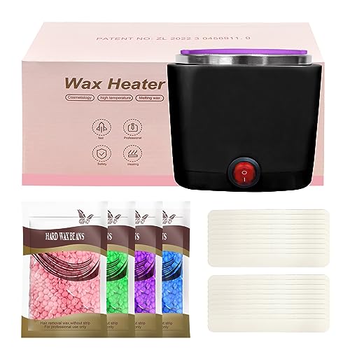 Mini calentador de cera depilatoria, maquina cera caliente depilación con recipiente de silicona de 200ml, Kit completo de 4 bolsas de perla de Cera, 20 Espátulas (negro, cuadrado)