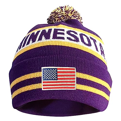 Cayyon US Flag City Football Embroidery Classic Pom Cuff Minnesota Beanie Hat Cuffed Winter Soft Beanie Knit Pom Hat Cap Purple