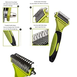 Pet Grooming Rake Stainless Dematting Brush Deshedding Detangling Matted Tool Double Sided Green Undercoat Comb w/Non Slip Handle for Dogs and Cats