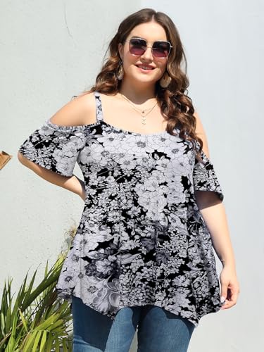 Image of LARACE Cold Shoulder Tops for Womens Summer Clothes Spaghetti Strape Tunic Oversized Shirts Asymmetrical Plus Size Blouse
