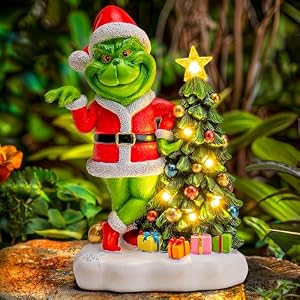 Solar Garden Outdoor Statues Green Monster with Christmas Tree and 6 LED Lights Christmas Lawn Deco Statue for Patio Balcony Yard Ornament Unique Christmas Housewarming Gifts