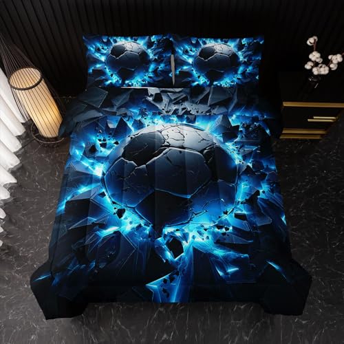 Image of Nttopship Soccer Bedding Comforter Set Full Size for Kids Teens and Adults, Blue Black Football Printed Bedding Sets 3 PCS,Ball Sports Themed Bedroom Decor with 1 Comforter and 2 Pillowcases