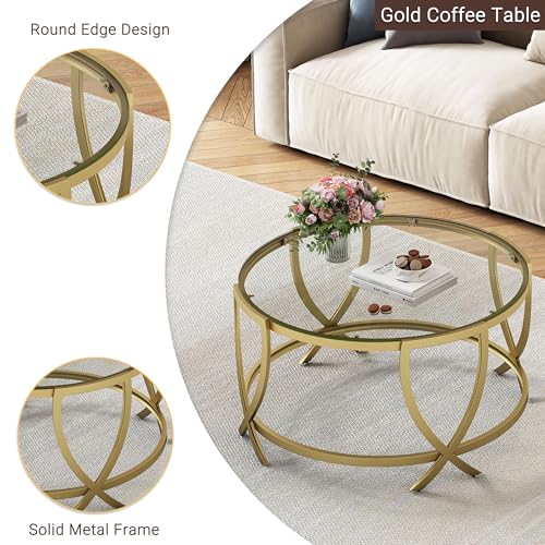 ASYA Round Coffee Table for Living Room, Gold Coffee Table with Tempered Glass & Metal Frame, Modern Glass Living Table for Home&Office - Image 6