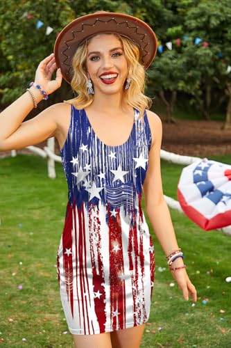 Image of For G and PL Women 4th of July American Flag Tank Dress Deep V Neck Stars Stripe Mini Patriotic Sleeveless Sundress