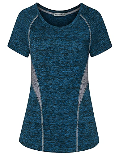 MISS FORTUNE Workout Shirts for Women, Active Tops Short Sleeve Gym Shirt Fitness Running Yoga Tshirts Sports Tee Athletic Clothes Exercise Wear Compression Tops,Blue M