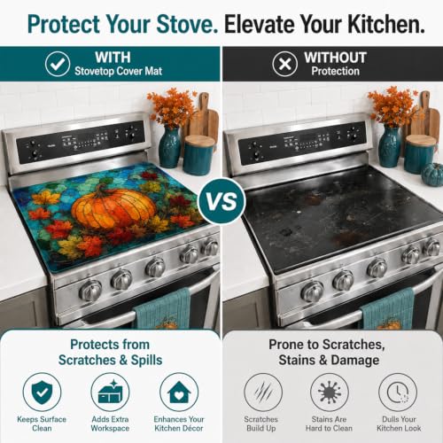Image of Pumpkin Maple Leaf Stove Top Cover, 28x20 inch Rubber Cooktop Mat