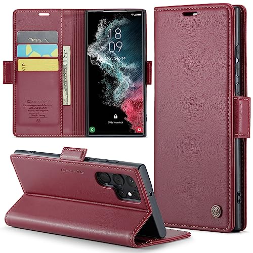 Lxisxcna Samsung Galaxy S22 Ultra 5G Leather Wallet Case with RFID Blocking, Magnetic Kickstand, 3 Card Slots & Cash Compartment - Red