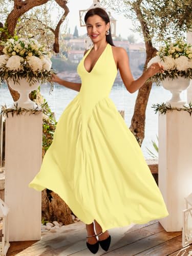 Image of ChiaoLezhee Deep V Neck Dress, Halter Maxi Dresses, Vacation Date Night, Sexy for Women Corset Flowy Wedding Guest Drop Waist
