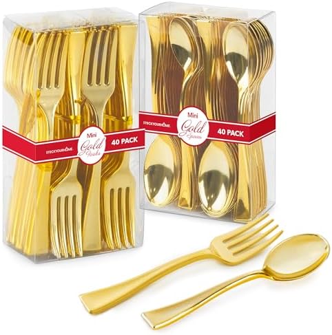 160 Pack Gold Plastic Mini Spoons and Forks (4 Inch) – 80 Disposable Tasting Spoons & 80 Appetizer Forks, Mini Utensils for Desserts, Food Samples, Appetizers & Charcuterie Boards